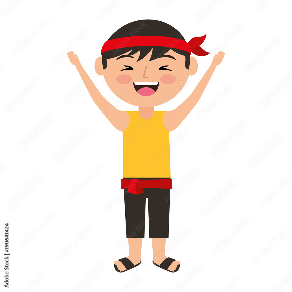 funny cartoon chinese man standing arms up vector illustration