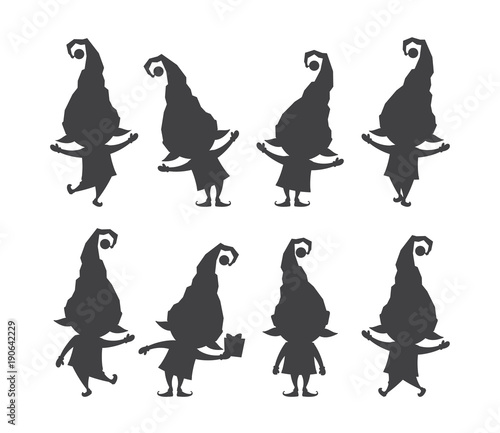 Set of christmas santa claus elf. Silhouettes isolated on white background.