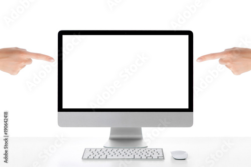  Female hand pointing on isolated white computer screen on isolated background