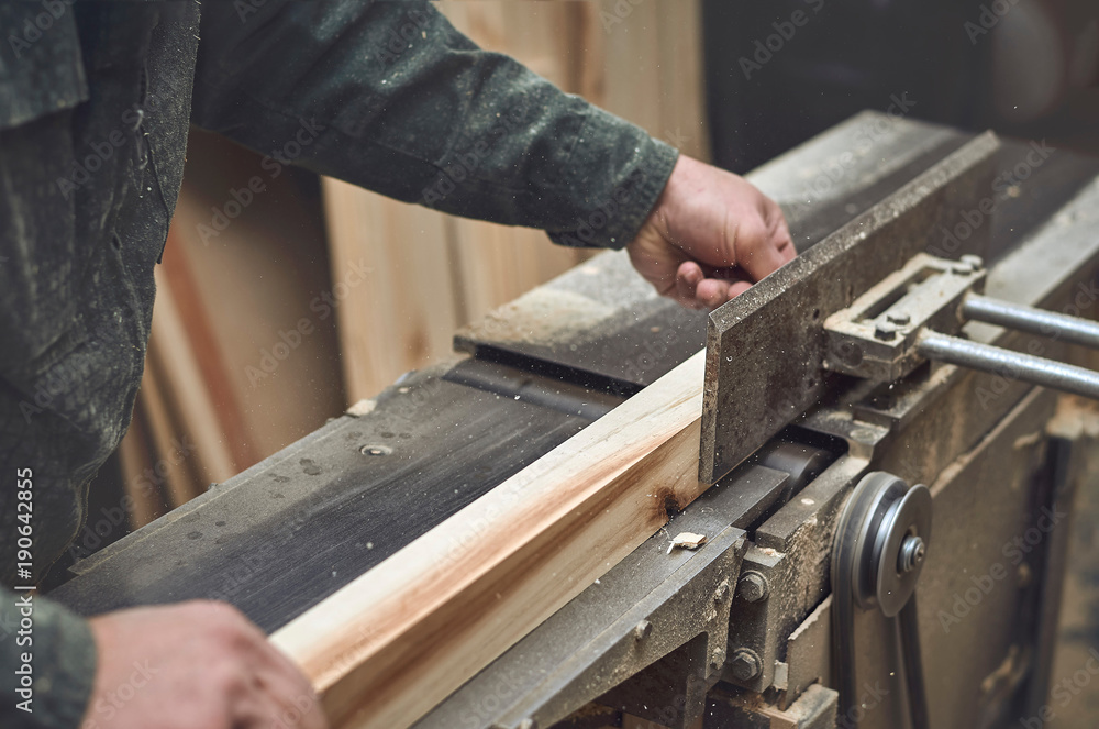 the man processes bar from a light tree on the jointer plane the man processes bar from a light tree on the jointer plane