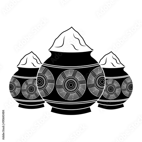 three powder color mud pot and mandala vector illustration black and white design