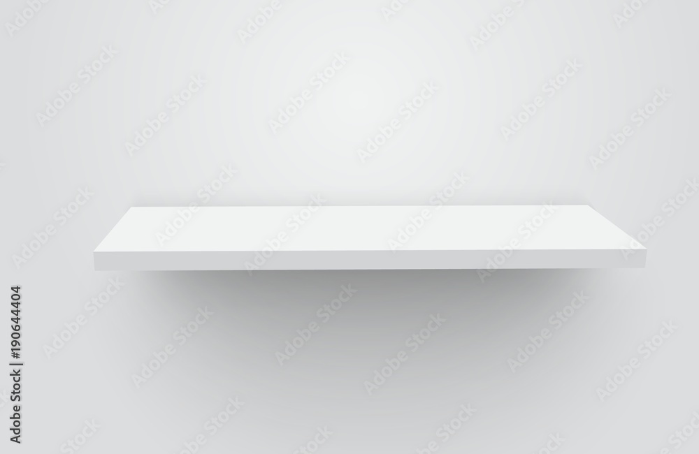 White empty shelf on white wall. White empty shelf on white wall.