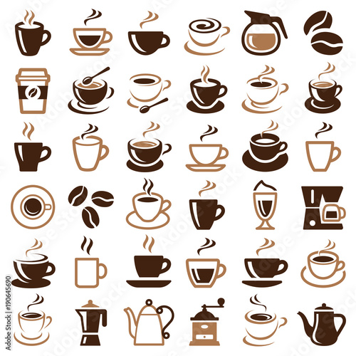 Coffee icon collection - vector outline illustration and silhouette