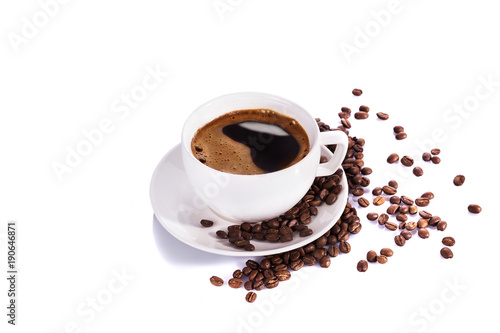 Top view of coffe cup with beans over white