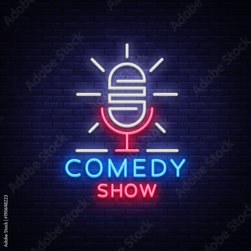 Comedy Show Stand Up invitation is a neon sign. Logo, Emblem Bright flyer, light poster, neon banner, brilliant night commercials advertisement, card, postcard. Vector illustration