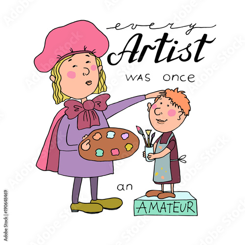 Vector illustration of cartoon Great artist with a palette and and boy-painter