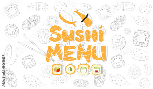 menu design of a sushi bar \ restaurant. hand-drawn sushi and rolls
