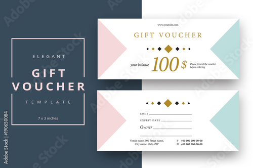 Abstract gift voucher card template. Modern discount coupon or certificate layout with geometric shape pattern. Vector fashion bright background design with information sample text.