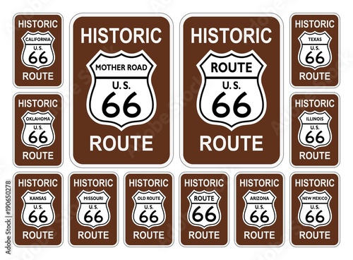Route 66 Verkehrszeichen aus USA / Amerika mit allen betroffenen Staaten in History Design auf einem isolierten weißen Hintergrund