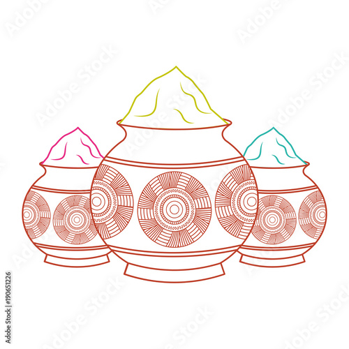 three powder color mud pot and mandala vector illustration line color design