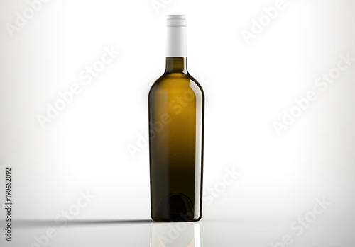 Dark Bottle of white wine, bordolese conical, still life on a white background.
