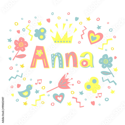 Name ANNA written in a nice coloring font, surrounded by flowers, hearts, butterflies.