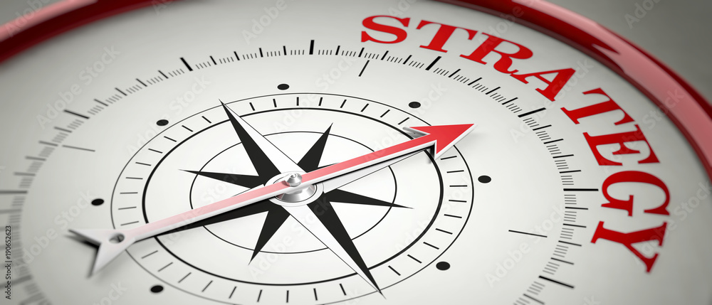 Strategy concept. Compass red arrow pointing at word Strategy. 3d illustration Strategy concept. Compass red arrow pointing at word Strategy. 3d illustration