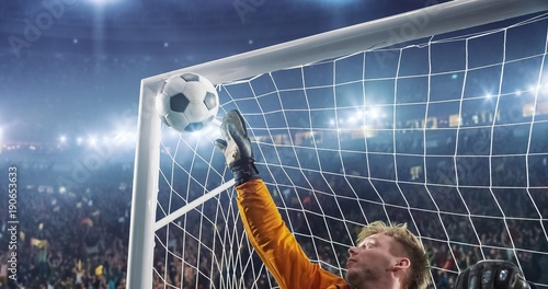 Leinwand Poster Soccer goalkeeper in action on the stadium