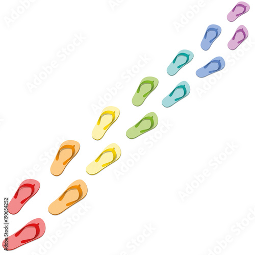 Footprint - colorful flip flop track on the way to a happy summer holiday - isolated vector illustration on white background.