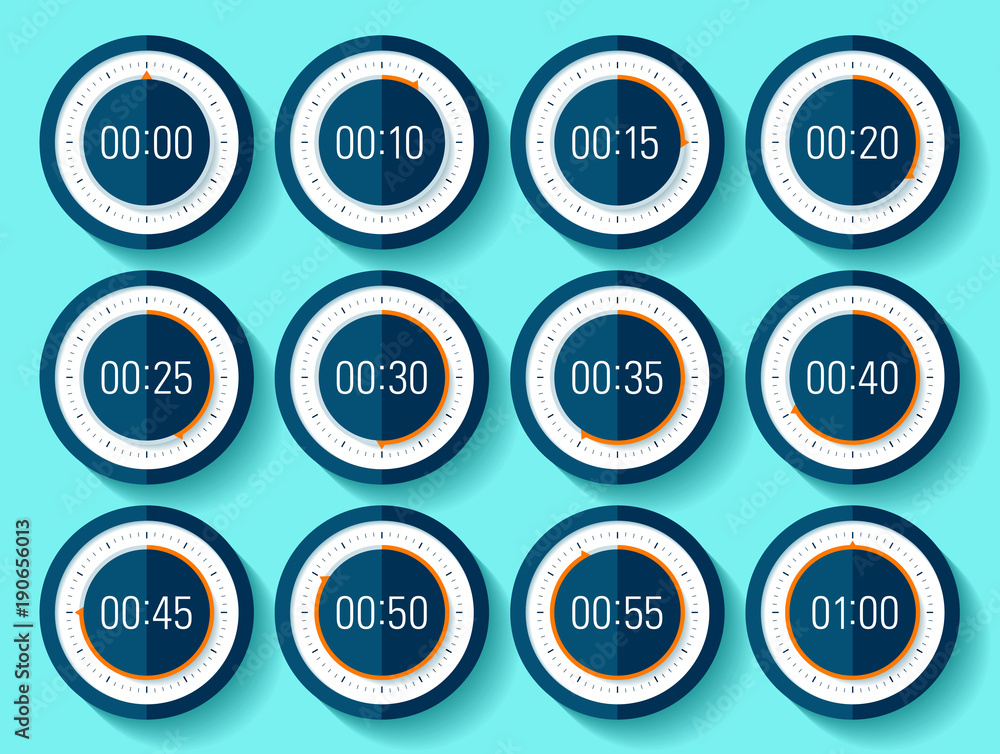 Stopwatch icons set in flat style, timer on blue background. Sport clock. From 0 to 1 minute. Vector design element for you project Stopwatch icons set in flat style, timer on blue background. Sport clock. From 0 to 1 minute. Vector design element for you project