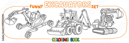Funny constuction excavator set. Coloring book