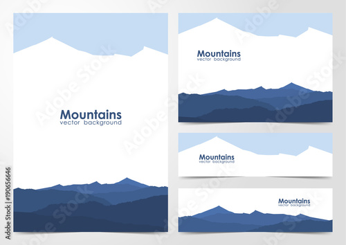 Set of blank design layout of banners and brochure with blue mountains landscape background.