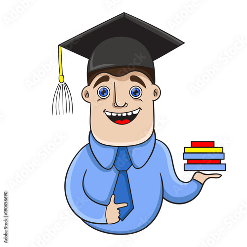 joyful  graduate student holding a stack of books and pointing, vector illustration