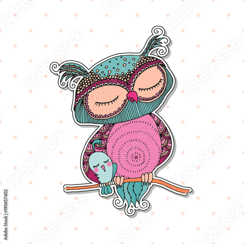 Cute colorful owl and little bird sitting on tree branch