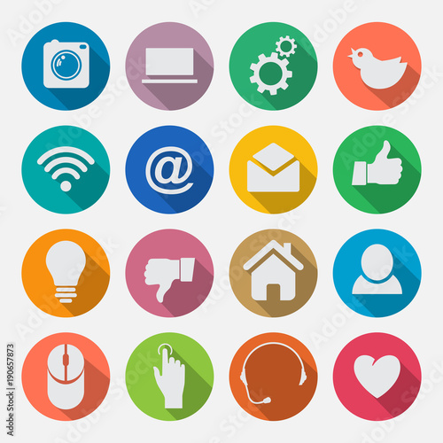 Set of social network icons with cloud computing, mail, people chat, heart and in black silhouette isolated on white background.
