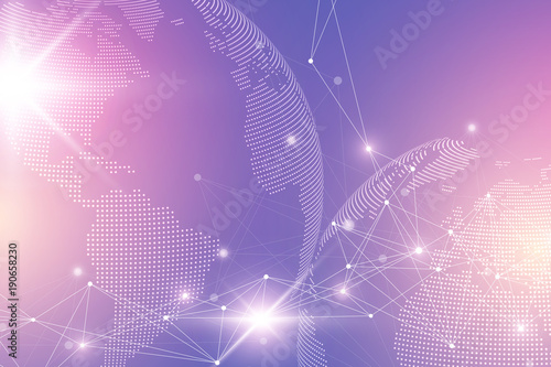 Virtual graphic background with world globes. Global network connection. Digital data visualization. Connection two hemisphere of the planet Earth. Vector illustration.