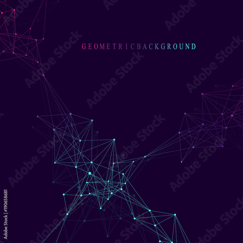 Geometric graphic background molecule and communication. Big data complex with compounds. Perspective backdrop. Minimal array. Digital data visualization. Scientific cybernetic vector illustration.