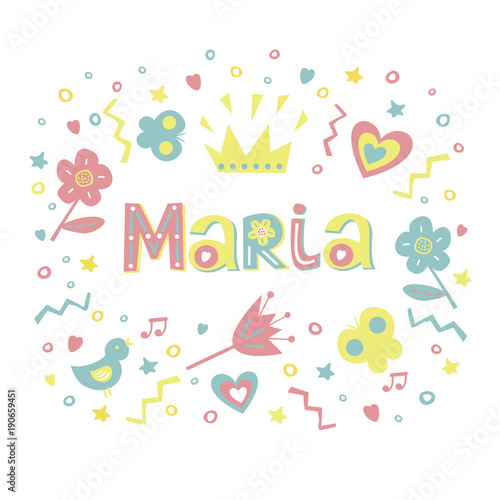 The name MARIA written in a nice font surrounded by flowers, hearts, butterflies.