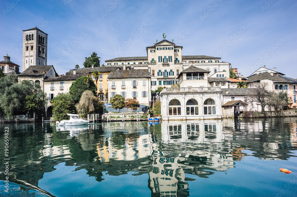 view of the island of San Giulio on Lake Orta,piedmont,italy