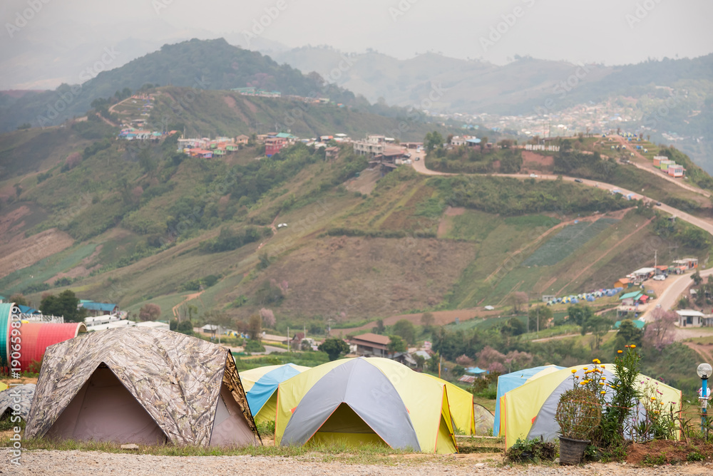 Tents for tourists on a hilltop in Phu Tubberk at Thailand. Travel in Thailand.