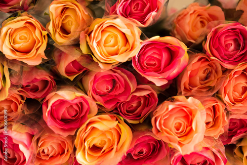 Background of mixed colorful roses plastic flower closeup.