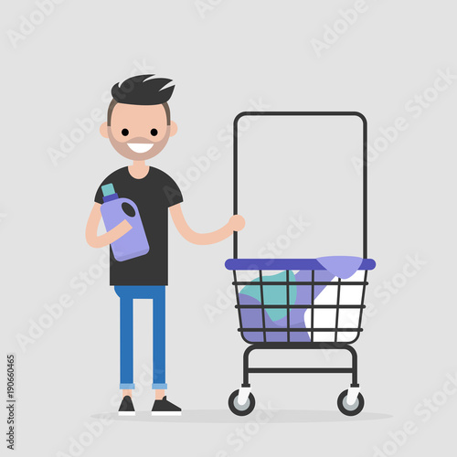 Daily routine. Young character washing clothes in a public coin laundry. Flat editable vector illustration, clip art