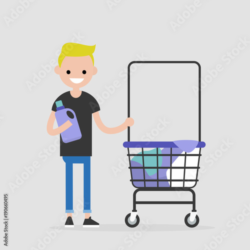 Daily routine. Young character washing clothes in a public coin laundry. Flat editable vector illustration, clip art