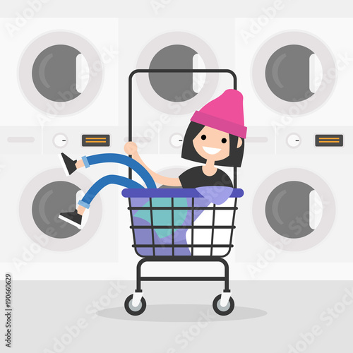 Young female character riding in a laundry cart. Daily routine. Having fun. Flat editable vector illustration, clip art