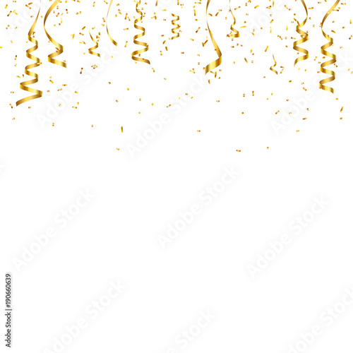Christmas golden confetti with ribbon. Falling shiny confetti glitters in gold color. New year, birthday, valentine's day design element. Holiday background.