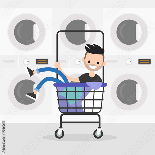 Young character riding in a laundry cart. Daily routine. Having fun. Flat editable vector illustration, clip art