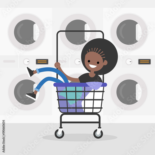 Young black female character riding in a laundry cart. Daily routine. Having fun. Flat editable vector illustration, clip art