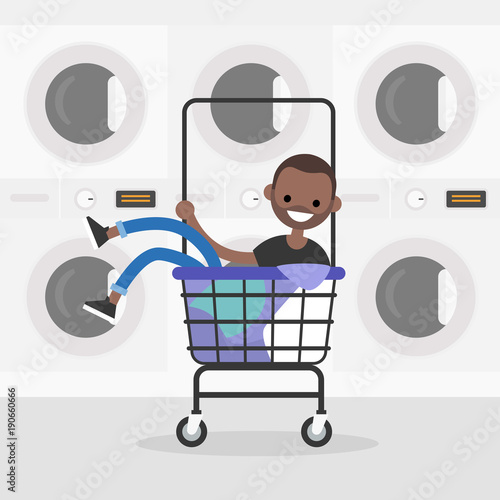 Young black character riding in a laundry cart. Daily routine. Having fun. Flat editable vector illustration, clip art