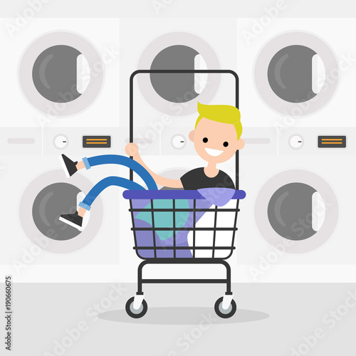 Young character riding in a laundry cart. Daily routine. Having fun. Flat editable vector illustration, clip art