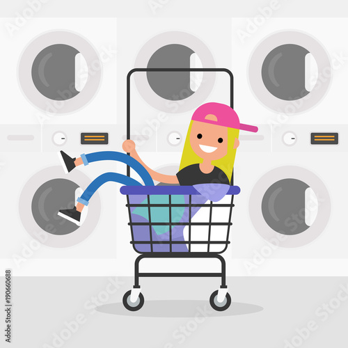 Young female character riding in a laundry cart. Daily routine. Having fun. Flat editable vector illustration, clip art