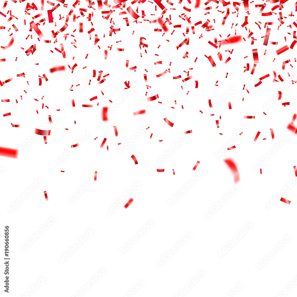 Christmas, Valentine's day red confetti on transparent background. Falling shiny confetti glitters. Festive party design elements. - obrazy, fototapety, plakaty 