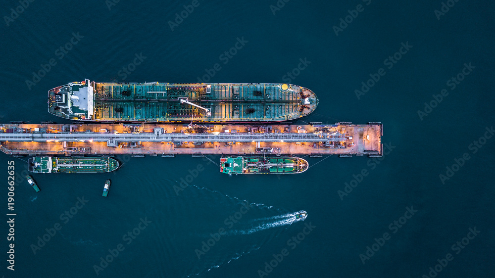 Aerial view of oil tanker ship at the port, Aerial view oil terminal is ...