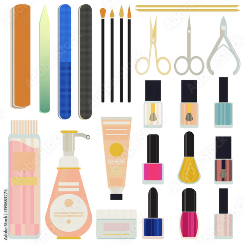 A collection set vector of manicure accessories - nail files, manicure tools, nail scissors, tweezers, nail polish, sticks. hand cream, brush. Illustration for manicure spa salons, body care.