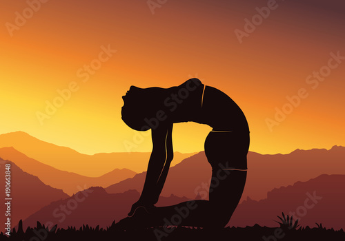 Yoga background.  Young woman practicing yoga on mountain, silhouette - vector illustration  © rashmisingh