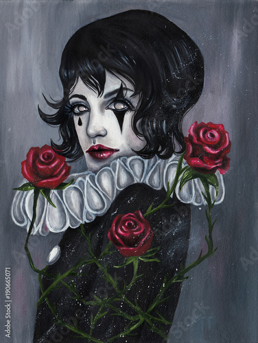 Pierrot with red roses. Hand-painted gothic illustration