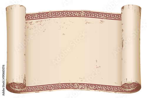 Ancient Greek papyrus with a national ornament. Old beige paper with the aging effect isolated on white background.
