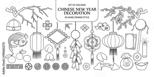 Set of isolated Chinese New Year decoration. Cute hand drawn vector illustration in black outline and white plane.