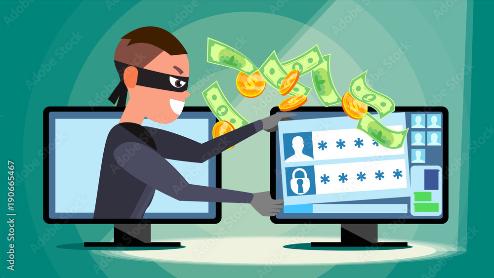 Hacking Concept Vector. Hacker Using Personal Computer Stealing Credit Card  Information, Personal Data, Money. Network Fishing. Hacking PIN Code.  Breaking, Attacking. Flat Cartoon Illustration Stock Vector