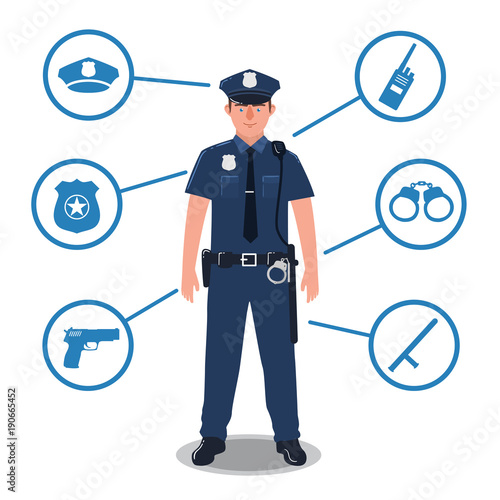 Police officer with police equipment. Radio, baton, badge, gun, handcuffs, hat
