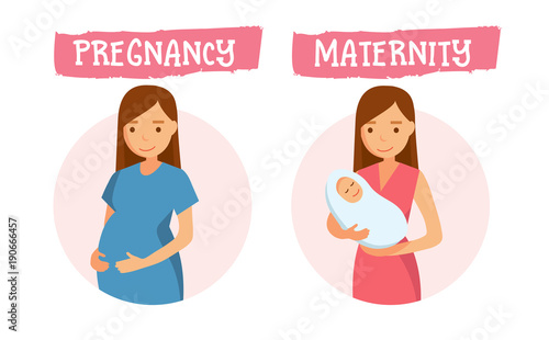 Pregnancy and maternity - young happy woman pregnant and with newborn baby. illustration in flat style